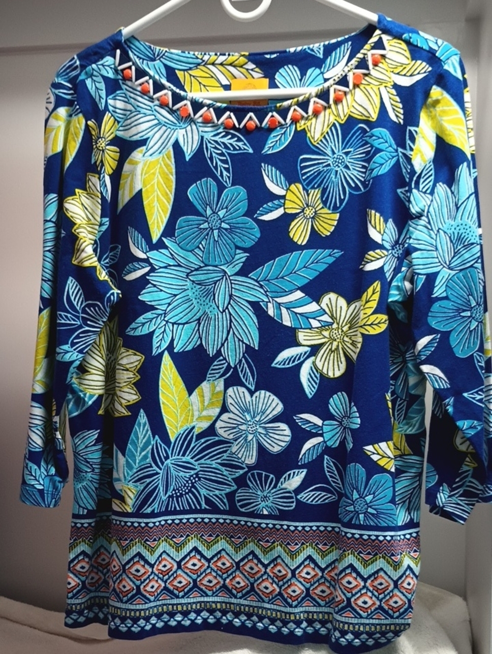 Ruby Rd. Floral Long Sleeve Top | XL | Navy Blue & Yellow